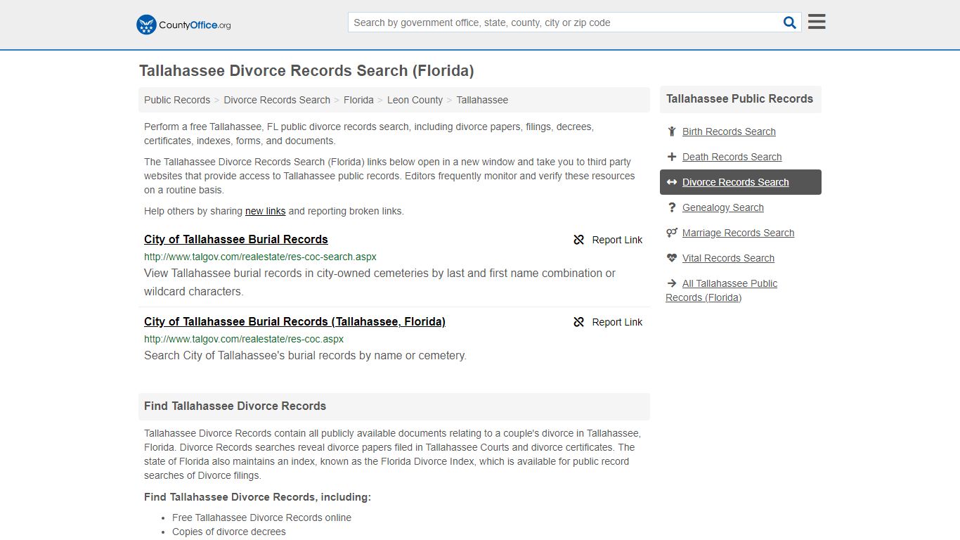 Tallahassee Divorce Records Search (Florida) - County Office